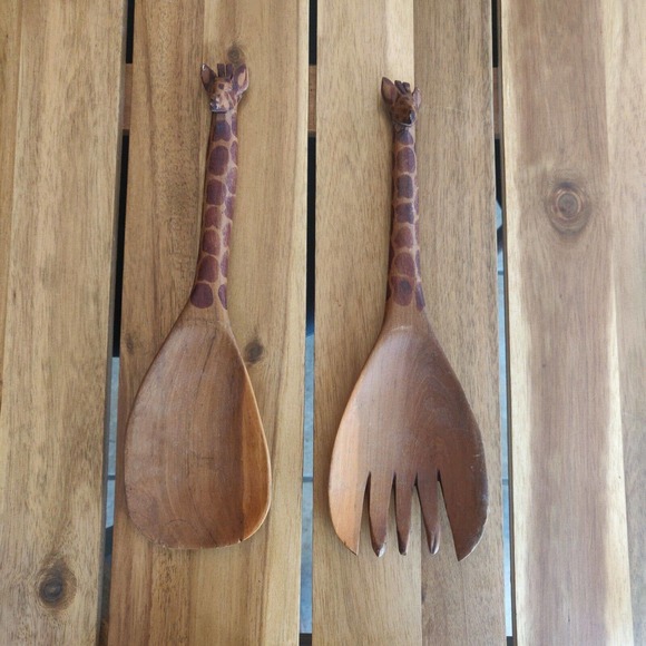 Giraffe Salad Server Set Hand Carved Wooden Spoon and Fork Whimsical Decor. - Picture 1 of 5